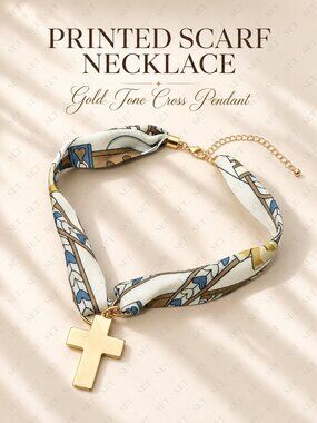 Printed Fabric Scarf Necklace with Gold Tone Cross Pendant